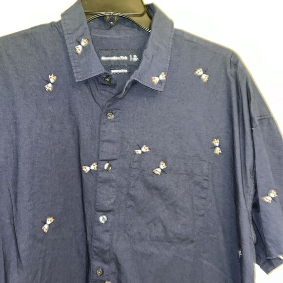 Abercrombie & Fitch embroidered dragonfly navy blue summer straight cut SS shirt - Picture 4 of 5